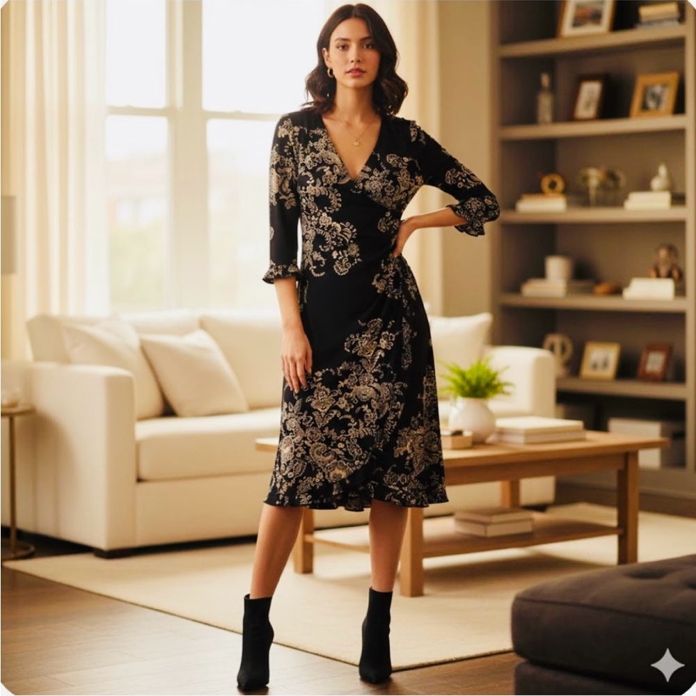 Jonathan Martin Elegant Black and Tan Midi Dress